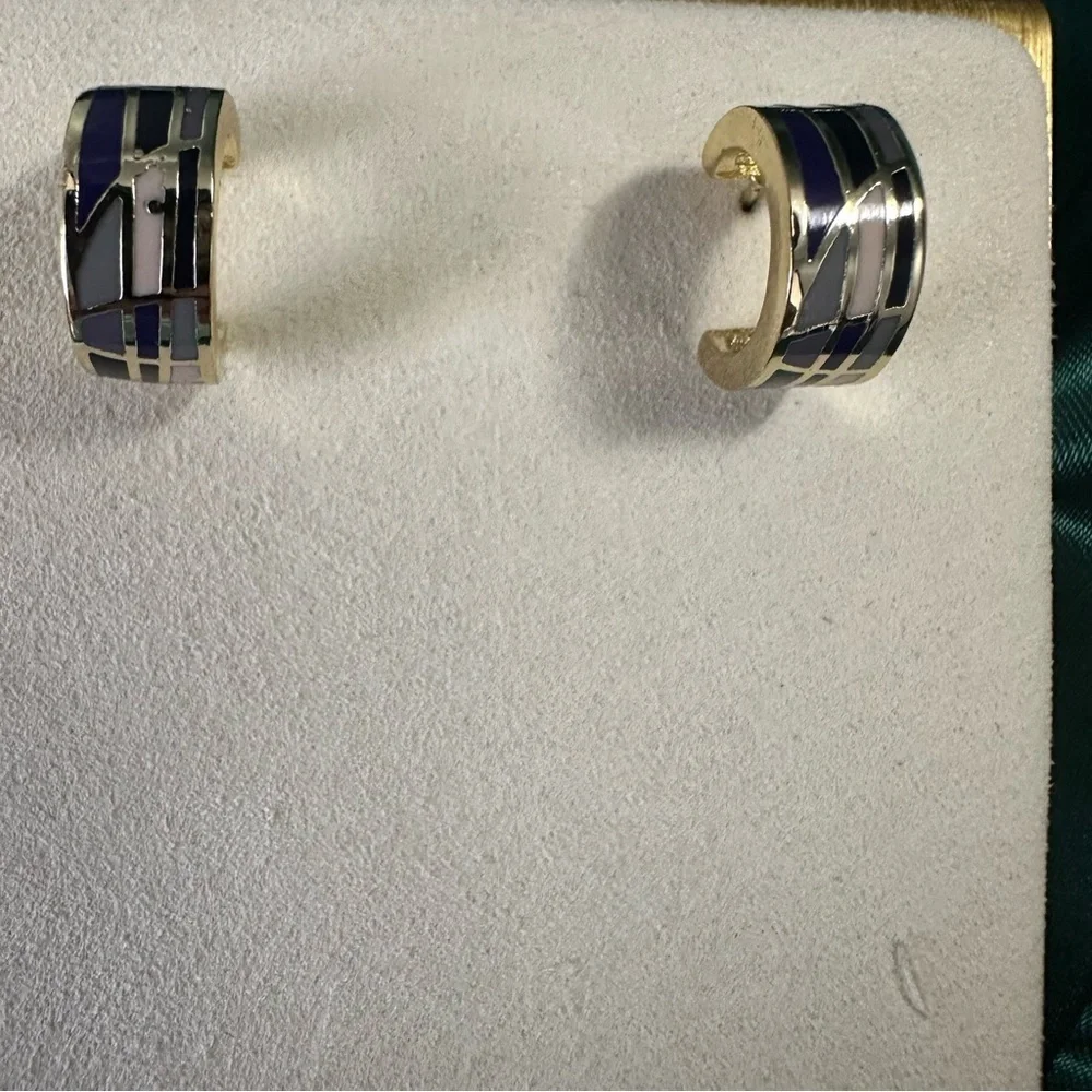 Gold-Plated Enamel Inlay Hoop Earrings • Purple & Lilac Mosaic